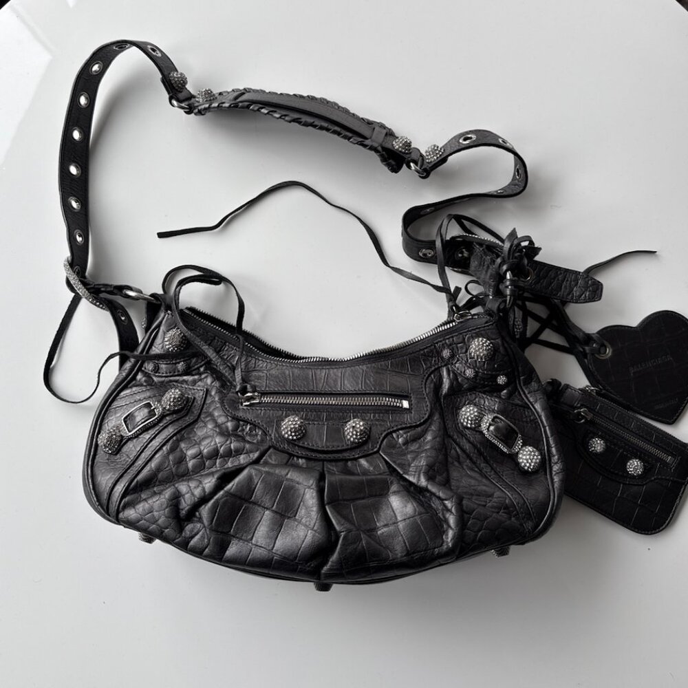 Balenciaga Calfskin Crystal Crocodile Embossed Le Cagole Shoulder Bag Black